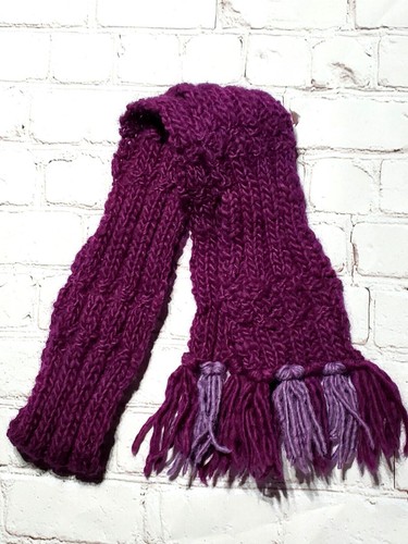Hand Knit Cabled Purple Scarf with Fringe 50" Long - Picture 2 of 5