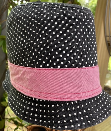 Hello Kitty Black And White Polka Dot Bucket Hat Pink Bow Ribbon M/L Girls Sun - Picture 6 of 14