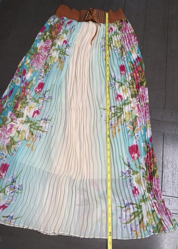 A3 MEDIUM MINT GREEN PLEATED PASTELS FLORAL BELTED LINED MIDI FLOWING SKIRT - Picture 7 of 20