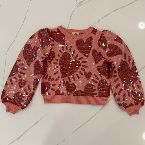 Maglione maglia Farm Rio paillettes cuori rosa medio rosso misto lana amore maniche a sbuffo - Foto 15 di 18