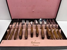 VTG Robinson Stainless Flatware Set Original Box Wooden Handle- 36 piece