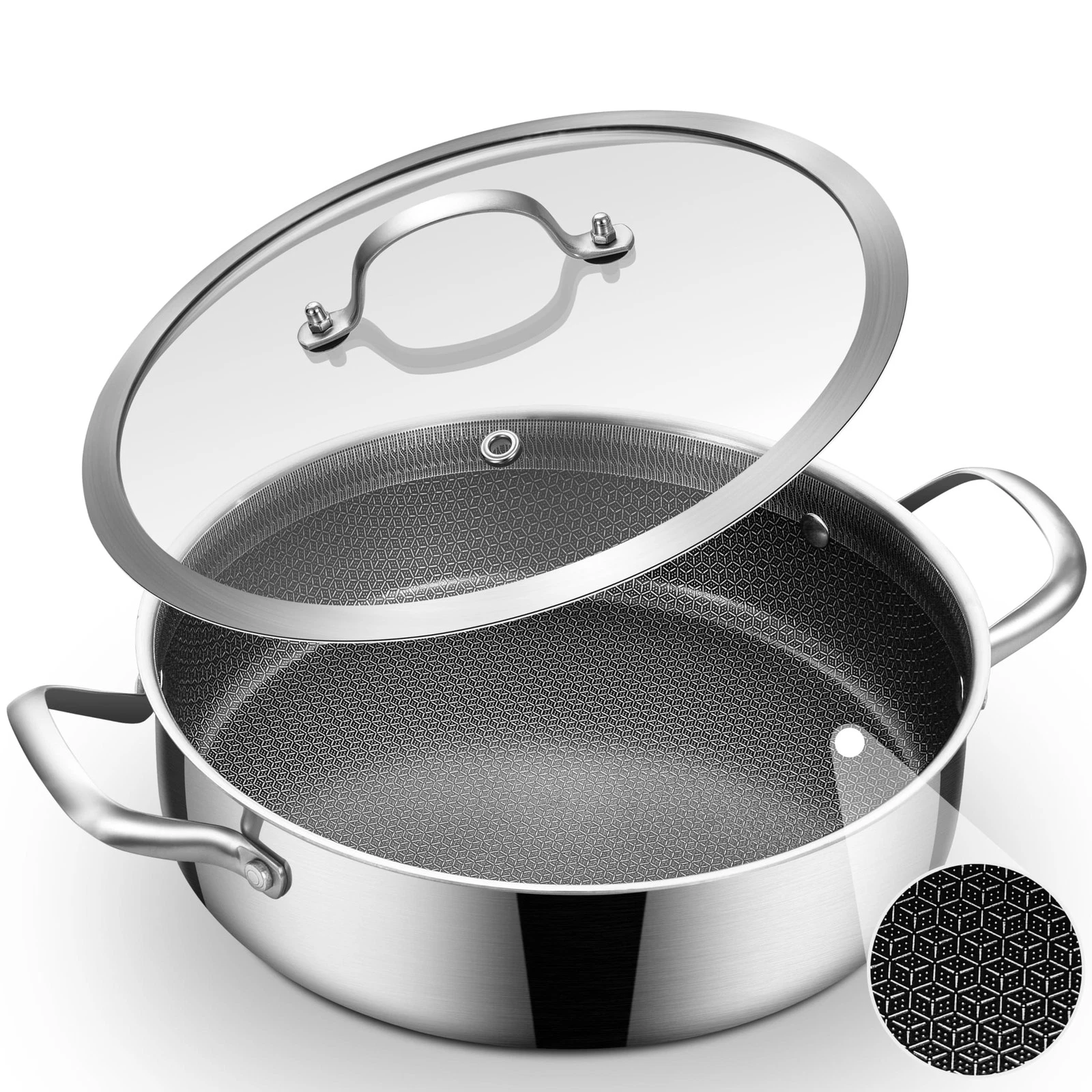 5 QT Hybrid Nonstick Saute Pan with Lid, Tri-Ply Stainless Steel Deep Frying ...