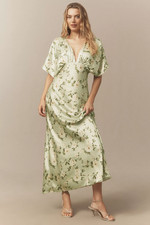 NWT BHLDN LEILA DEEP-V FLUTTER-SLEEVE SATIN A-LINE GOWN- SIZE 0