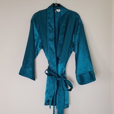 Victorias Secret Vintage Robe Gold Label Satin Green Teal Sz ONE SIZE Polyester