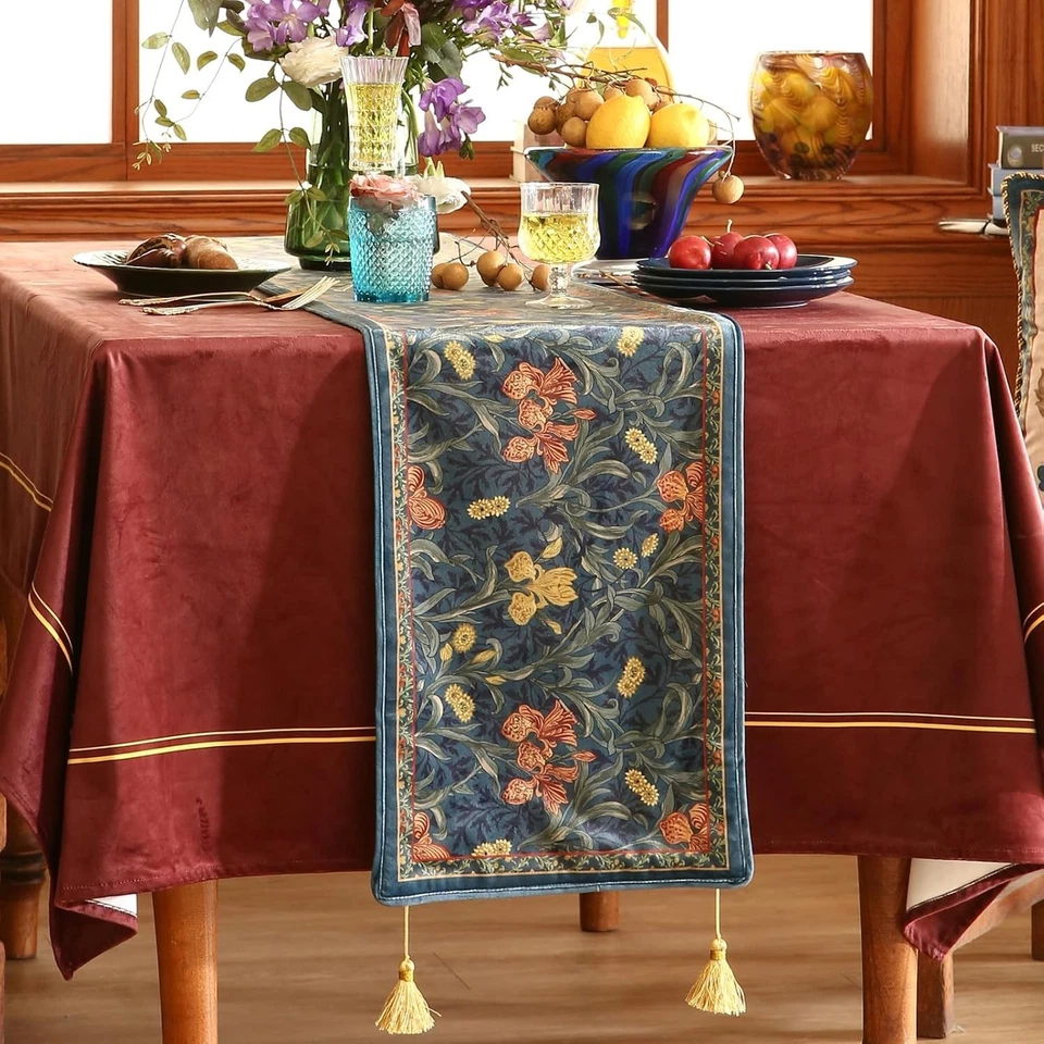 Exquisite Dark Blue Floral Velvet Table Runner 102" Long - Home Decor Must-Have - Image 4 of 4