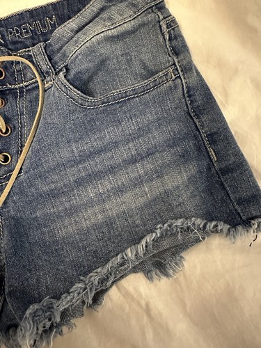 Vanilla Star Girls Shortie Lace Up Shorts Size 12 Kids Blue Denim Raw Cut Off - Picture 3 of 7