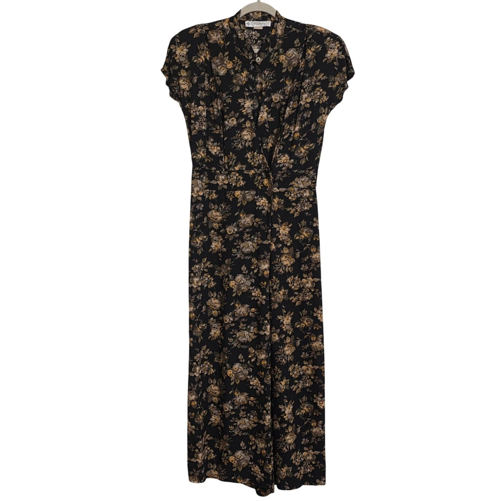 Eileen West Jumpsuit Women 12 Black Floral Wide Leg V-Neck Vintage 80 90s