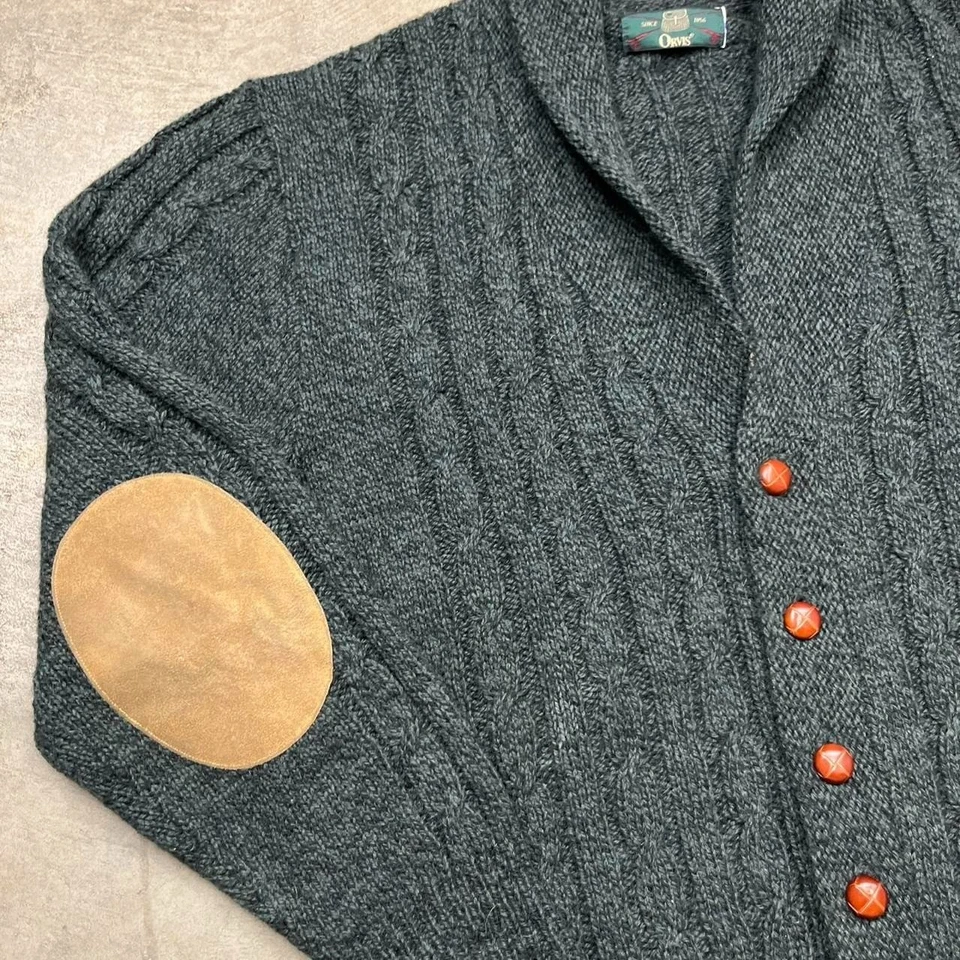 Cárdigan suéter vintage de lana Orvis parche en el codo verde ribete de cuero para hombre grande Foto 2 de 4