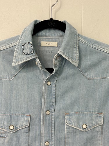 Paul Smith Paris Men's Sz 38 Light Blue Denim Jeans Shirt Western Patchwork - Picture 3 of 9