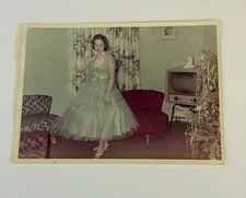 Vintage 1950s 1960s Photo Woman Organza Party Dress TV Room Christmas Tree 5x7