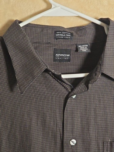 Arrow Men's XXL Dress Shirt Black Micro Check Button Front Long Sleeve 195 - Picture 2 of 5