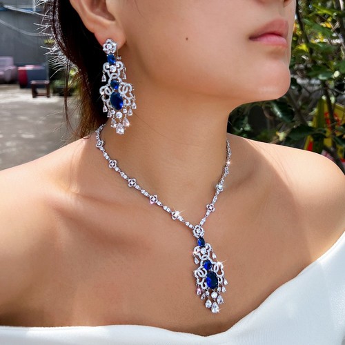 Classy CZ Long Chandelier Blue Dangle Drop Earrings Wedding Necklace Jewelry Set - Picture 3 of 8
