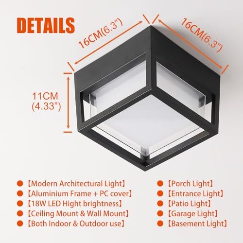 Outdoor Ceiling Porch Light LED Flush Mount for Wall or Ceiling, Square - Picture 7 of 8