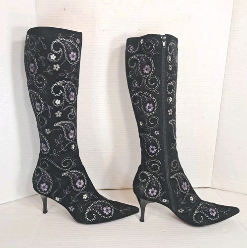 Richard Tyler Women’s 7.5M Black Purple Suede Embroidered Knee High Boots G2056 - Picture 5 of 9