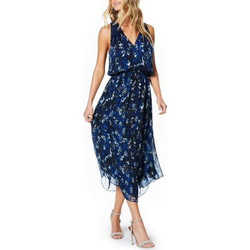 $ 485 Neu mit Etikett Ramy Brook Damen 100 % Seide Moe Midikleid Tiermotiv blau XS
