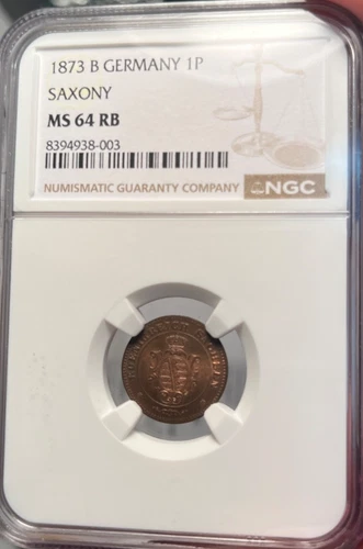 1872 B Germany Saxony 1 Pfennig NGC MS 64 RB Top Pop 1/0 None Finer