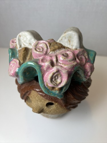 Adorable Vintage Art Clay Pottery Smiling Girl Woman Head Flower Frog - Picture 12 of 12