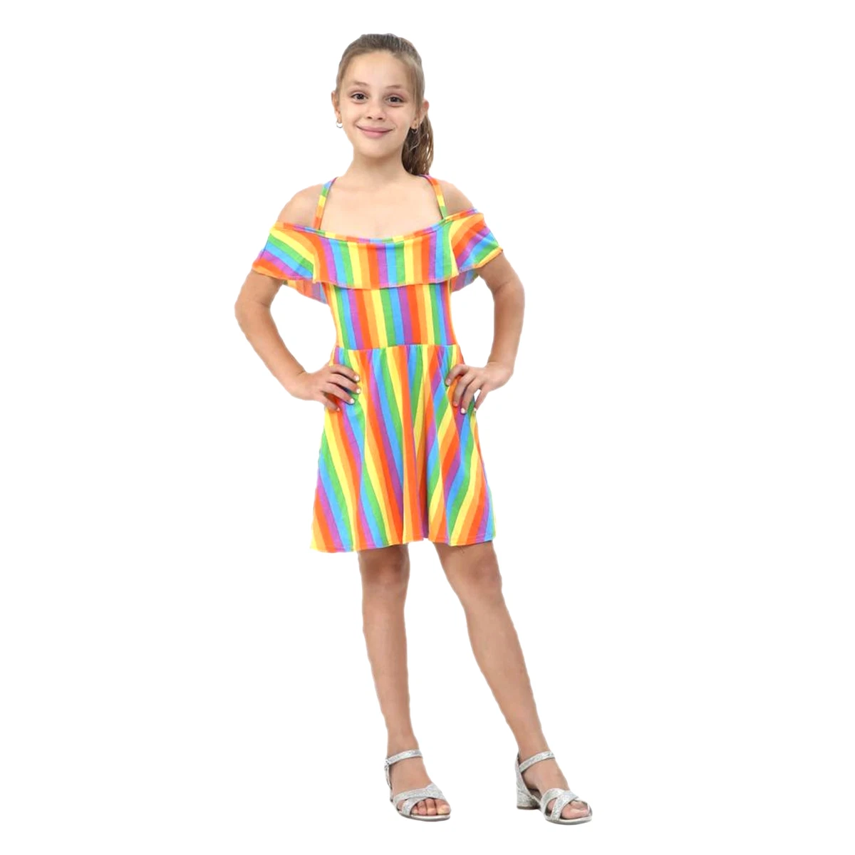 Girls Rainbow Summer Off Shoulder Dress Party Skater Dresses