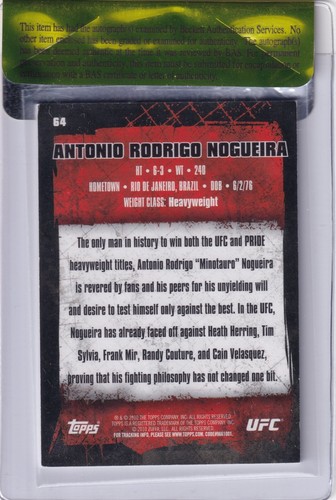 Antonio Rodrigo Nogueira Signed 2010 Topps UFC Gold Card #64 BAS COA Pride FC - Picture 4 of 12