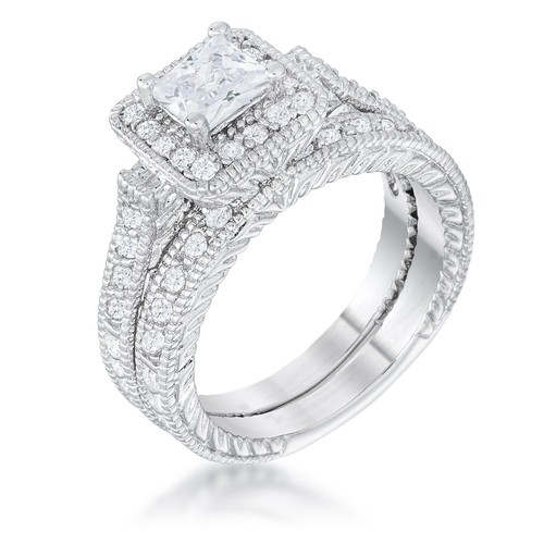 Art Deco Princess Cut Bridal Set Micro-Pave CZ Stones Size 8 - Picture 3 of 12