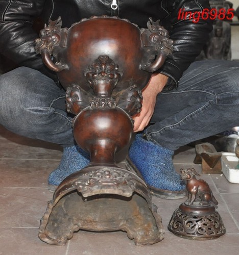 China Buddhismus Bronze Teufel Foo Gog Löwe Tier Statue Räuchergefäß Räuchergefäß - Bild 10 von 10