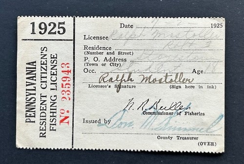 Vintage 1925 Pennsylvania Resident Citizens Paper Fishing License