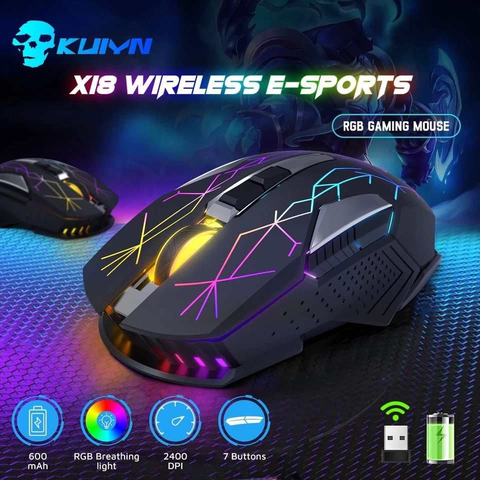 UK Wireless Gaming Mouse Optical USB Mice 2400DPI 7 Color LED Backlit for PC PS4 - Image 3 of 4