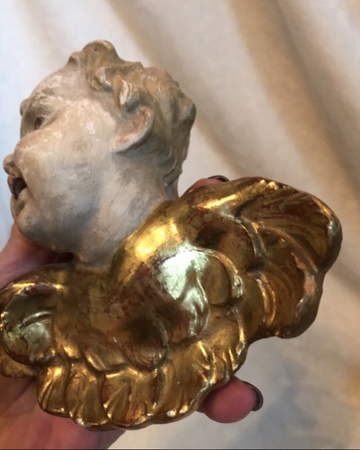 2 antiche statue religiose primi 1800 legno intagliato a mano ANGELO CHERUBINO doratura oro - Foto 10 di 12