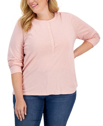 Style & Co Plus Size Henley Top, - Silver Pink SZ 3XL