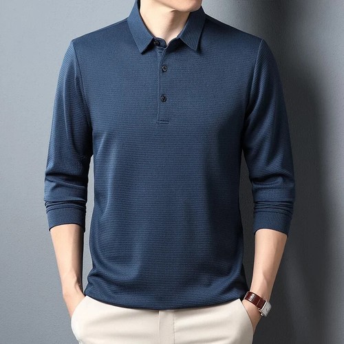 New Men's Business Fashion Casual Long Sleeved Shirt Solid Color Polo Shirt - Picture 15 of 30