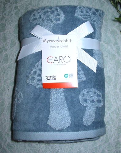 CARO Bathroom Hand Towels Set of 2 - Blue Mushroom 100% Plush Cotton New