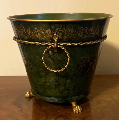 Maceta Tole verde francesa vintage con asas de anillo y patas de pata de león - Imagen 10 de 12