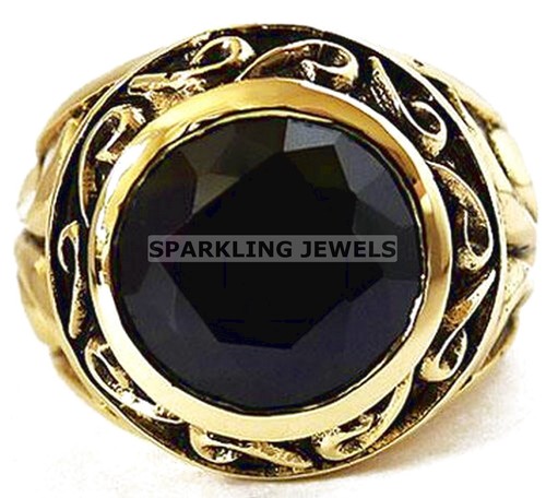 Flawless Black Onyx Round Cut With 925 Silver Gold Plated Ring For Men #406 - Picture 3 of 5