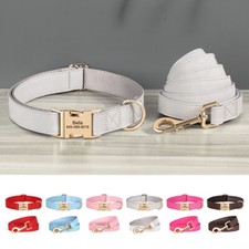 Personalized Dog Collar Leash Lead Soft Leather Nylon Adjustable Bulldog 8-27''