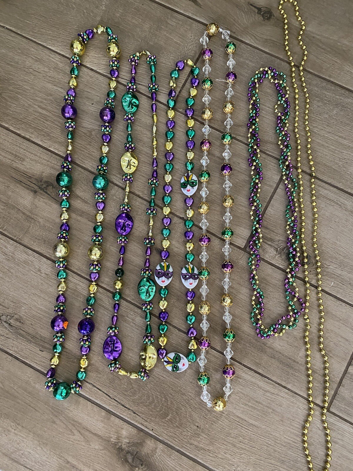 Vintage Mardi Gras Beads, ca 1993, from New Orleans, 9 strands, 4 fancy
