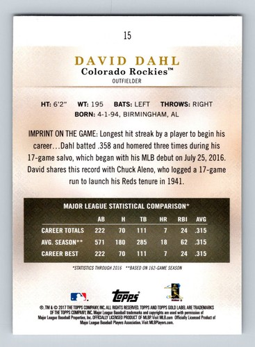 2017 Topps Gold Label Klasse 2 #15 David Dahl Rookie Colorado Rockies - Bild 2 von 2
