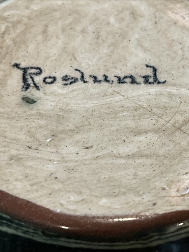 Vintage Studio Art Pottery Indented Ashtray Green Olive Glossy Signed Roslund - Picture 10 of 15
