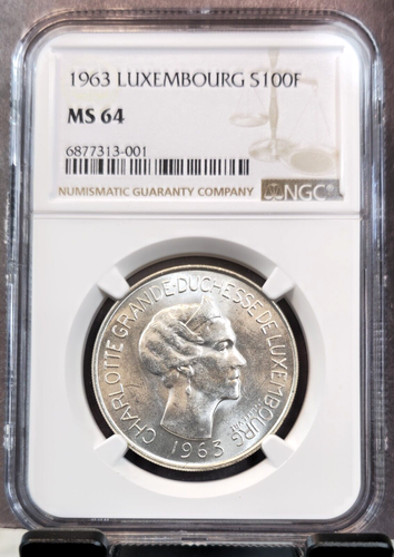 1963 LUXEMBOURG SILVER 100 FRANCS GRAND DUCHESS NGC MS 64 SCARCE BRIGHT BU COIN