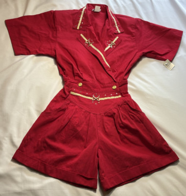 Rio Inc 80s Vintage Jumpsuit Small Red Gold Jeweled Studded Romper 8049 NOS