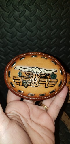 VINTAGE USA WESTERN TOOLED ACORN SILBER GESCHNÜRT LEDER GÜRTELSCHNALLE LANGHORN BUCK NAME - Bild 2 von 16