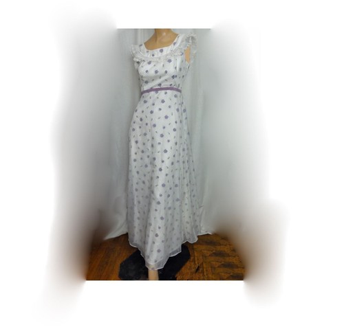 Vintage 70s Formal Nadine Sheer White & Purple Flowers Prairie Maxi Prom Dress - Picture 3 of 11