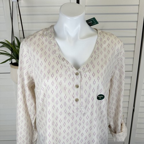 New LL Bean Tencel Blend Popover Shirt Cream Purple Print Roll Tab Sleeve Size M - Picture 2 of 9