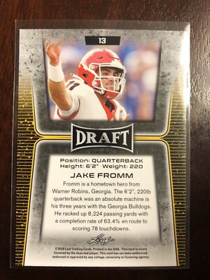 Football Player Jake Fromm Hometown 2020 JAKE FROMM LEAF DRAFT