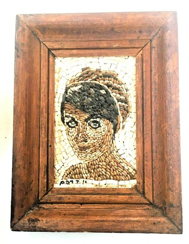Vintage Handicraft Mosaic Stone Painting masterpiece Face A women Wood Frame 9" - Picture 9 of 9