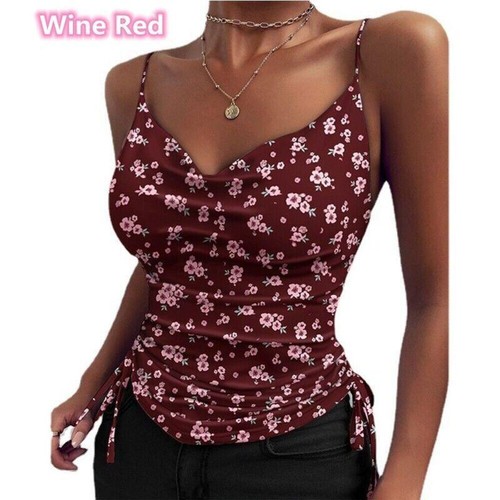 Women's Tank Top Deep V Neck Camisole Drawstring Spaghetti Strap Sleeveless Top - Picture 4 of 18