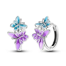 MULA Original Enamel Purple Butterfly Hoop Earrings For Women 925 Silver Plated