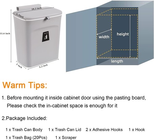 Compost Bin Polypropylene 2.4 Gallon Hanging Odor-Free Kitchen Indoor Use - Picture 4 of 9