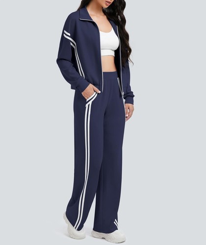 Women's 2 Piece Lounge Outfits Zip Up Sweat Set Contrast Striped Wide Leg Pants - Picture 52 of 91