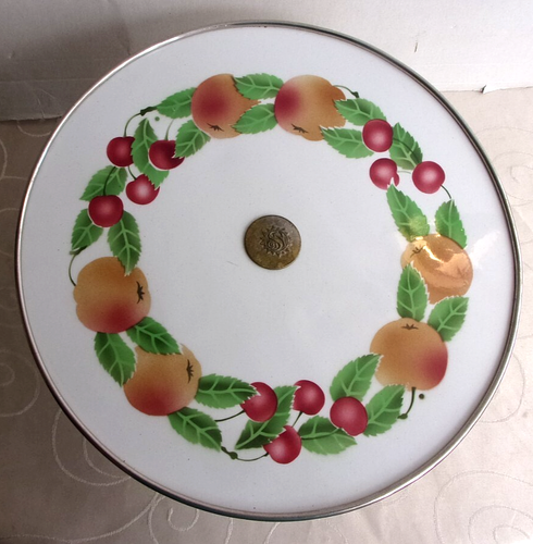 Alte Keramik Tortenplatte Kuchenplatte mit Metall Fuß Spritzdekor? Obst 30,5 cm - Bild 2 von 15