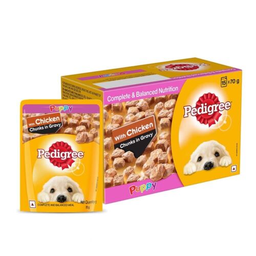 Pedigree Puppy Wet Dog Food, Chicken Chunks in Gravy, 70 g each  (Pack of 15) - Picture 1 of 9